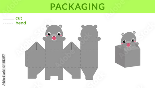 Adorable DIY party favor box for birthdays, baby showers with cute hippo for sweets, candies, small presents. Printable color scheme. Print, cut out, fold, glue. Vector stock illustration.