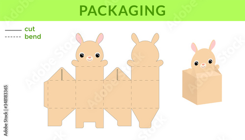 Adorable DIY party favor box for birthdays, baby showers with cute rabbit for sweets, candies, small presents. Printable color scheme. Print, cut out, fold, glue. Vector stock illustration.