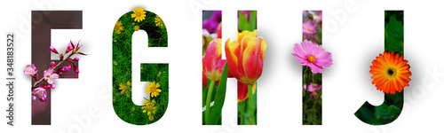 Floral letters. The letters F, G, H, I, J are made from colorful flower photos. A collection of wonderful flora letters for unique spring. flower on a white isolated background with clipping path