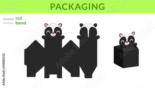 Adorable DIY party favor box for birthdays, baby showers with cute skunk for sweets, candies, small presents. Printable color scheme. Print, cut out, fold, glue. Vector stock illustration.