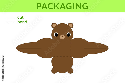Adorable DIY party favor box for birthdays, baby showers with cute bear for sweets, candies, small presents, bakery. Printable color scheme. Print, cut out, fold no glue. Vector stock illustration.