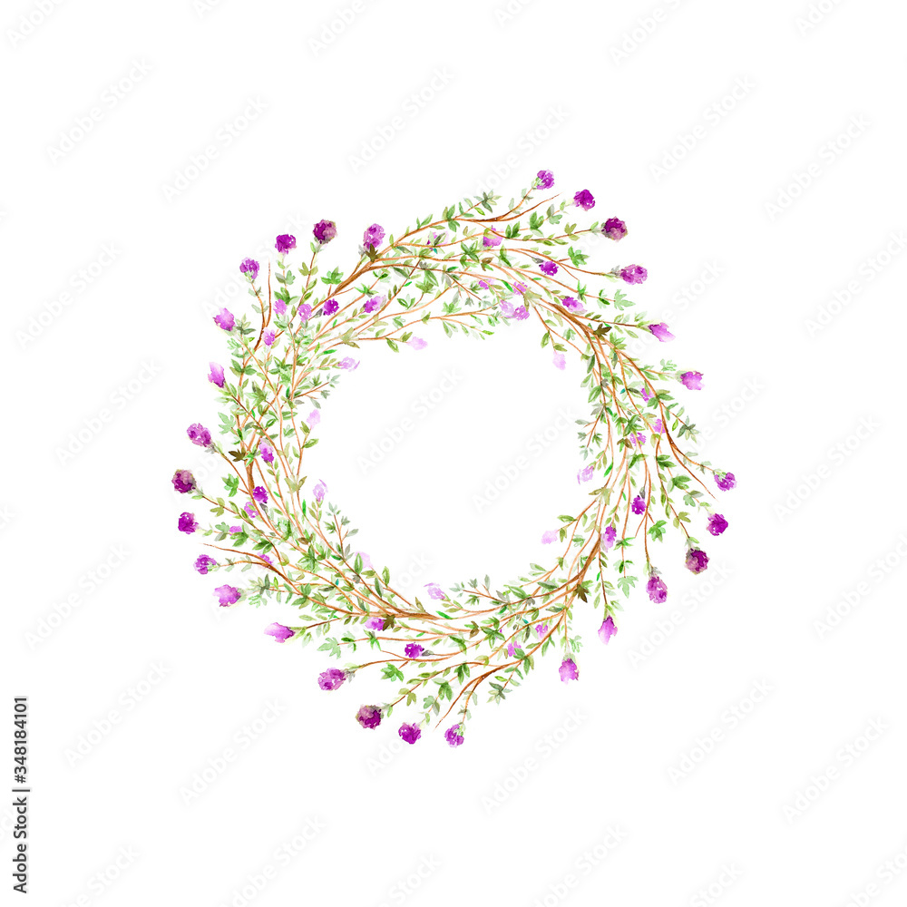 Watercolor hand drawn lilac wreath isolated on white background. Place for text.