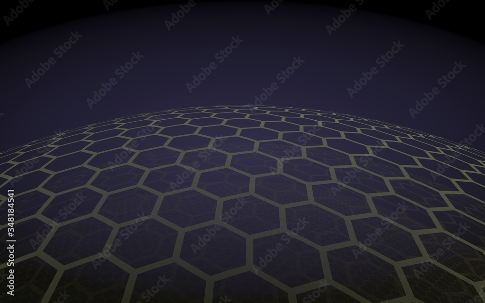 Fototapeta premium Multilayer sphere of honeycombs, purple on a dark background, social network, computer network, technology, global network. 3D illustration