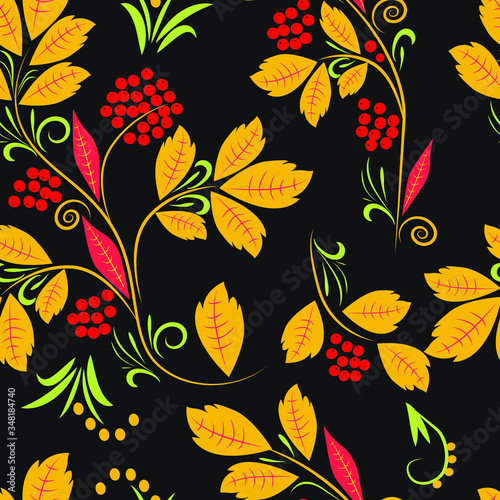 Vector, hohloma seamless pattern, floral pattern in yellow red tones, on a dark background, Russian patterns, national patterns photo