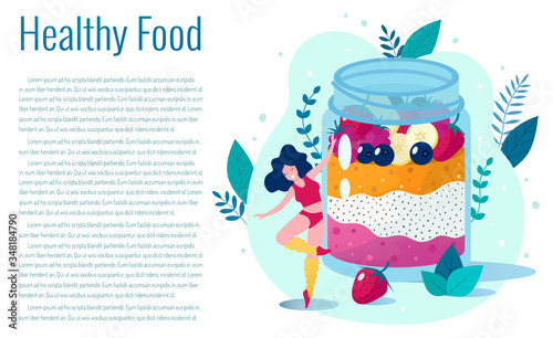 Concept of healthy lifestyle vector illustration. Chia seed mango strawberry pudding vector illustration. Happy slim woman dancing near chia pudding