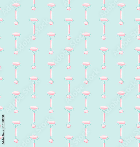 Hand drawn face roller massager seamless pattern in pink and blue colors on turquoise background. Home self care concept. Can be used for fabric, wrapping, wallpaper, logo, banner, flyer and poster.