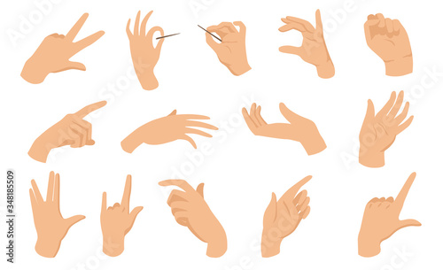 Female hand gestures flat vector illustration. Isolated folded wrists, fist, counting fingers, greeting or pointing hands set. Communication and signs concept