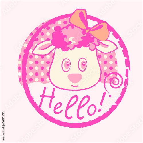 Cute little lamb girl Hello! vector character illustration