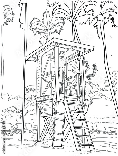 Hand drawn vector coloring book for children and adults - lifeguard on the beach. Lifeguard tower at a beach resort. Line art illustration. Meditation