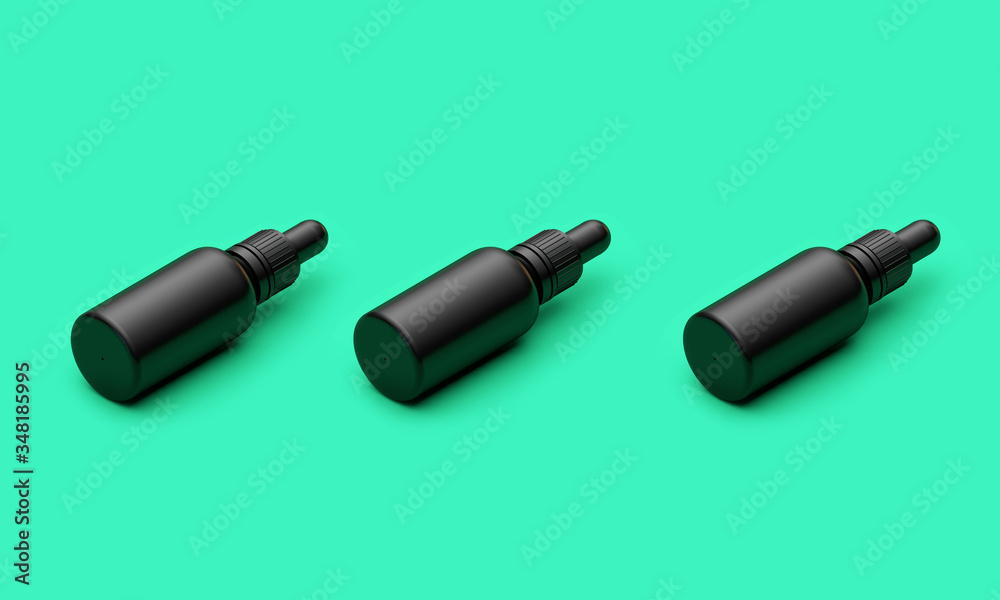 Black oil dropper bottle with blank label on a green background. 3D Render Black oil dropper bottle with blank label on a green background. 3D Render