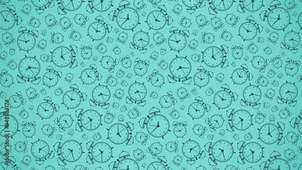 green clock icon different size seamless pattern on light green background. Vector Illustration