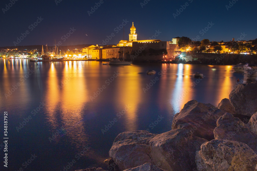 Obraz premium Night view of coastline in Krk town on the island Krk, Croatia
