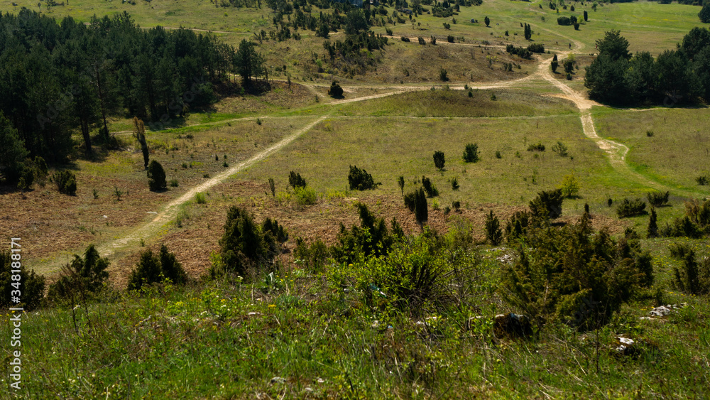 View of the Sokolich Mountains Reserve and rock stones in Olsztyn. A free space for an inscription