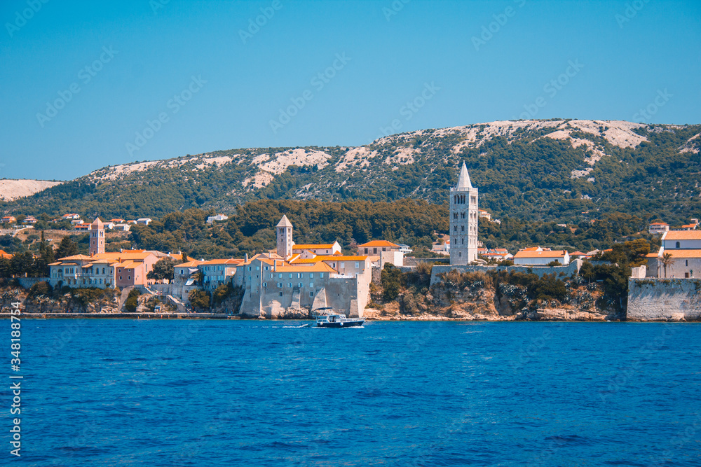 Picturesque coastal view of Rab town on Rab island in Croatia