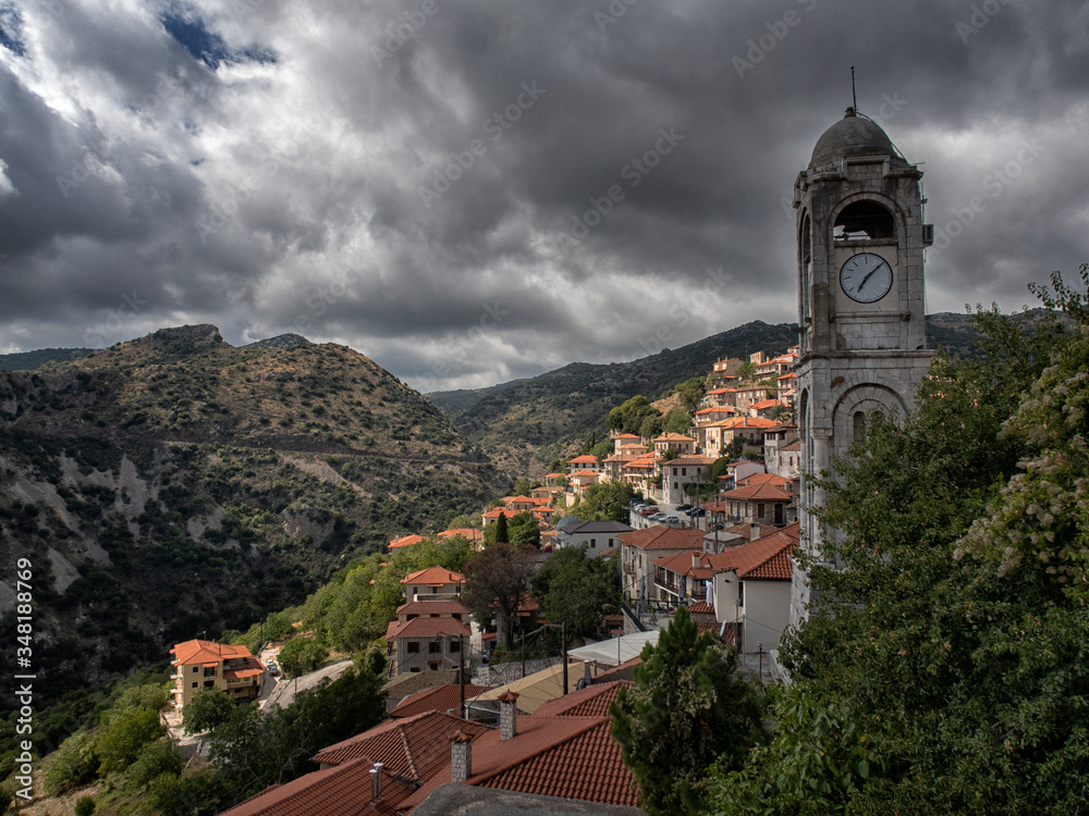 the picturesque surroundings of the Peloponnese peninsula in Greece. Landscape, view of historic buildings, mountain landscape panorama of the Peloponnesian Peninsula in Greece,