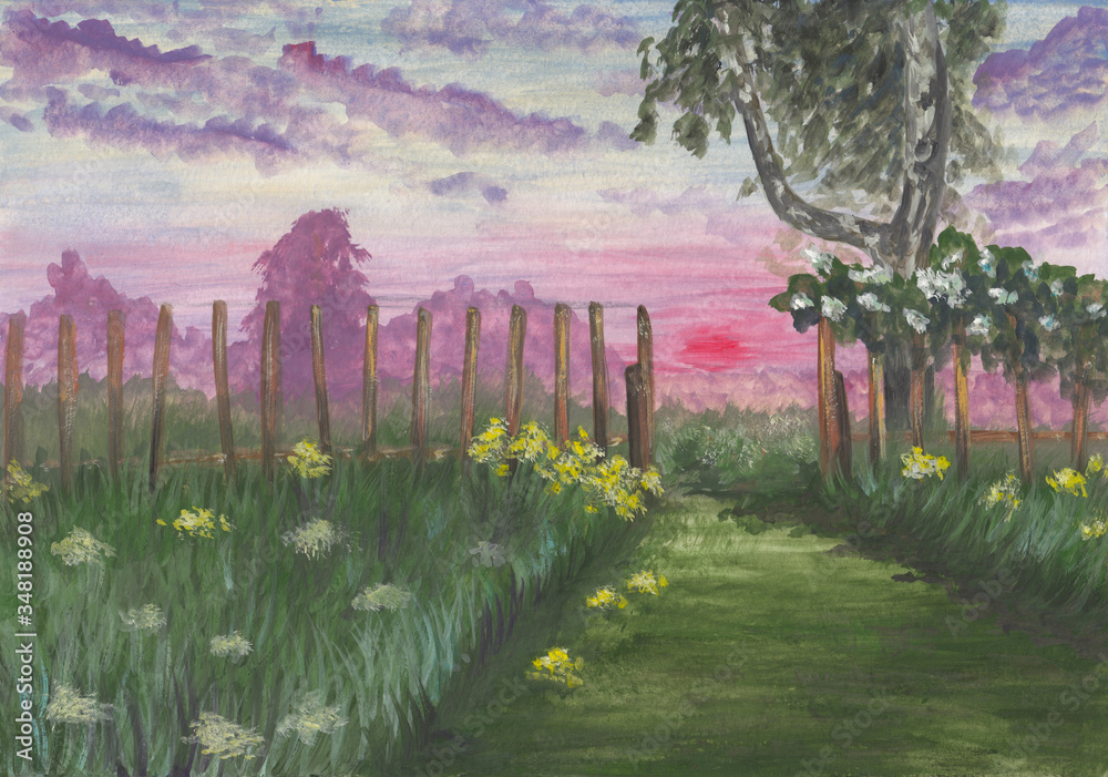 Obraz premium Gouache peaceful green landscape painting with forest trees, bushes & colorful bright pink sky, flowers & road. Abstract hand drawing sunrise. Serene, tranquil background for meditation, relaxation.