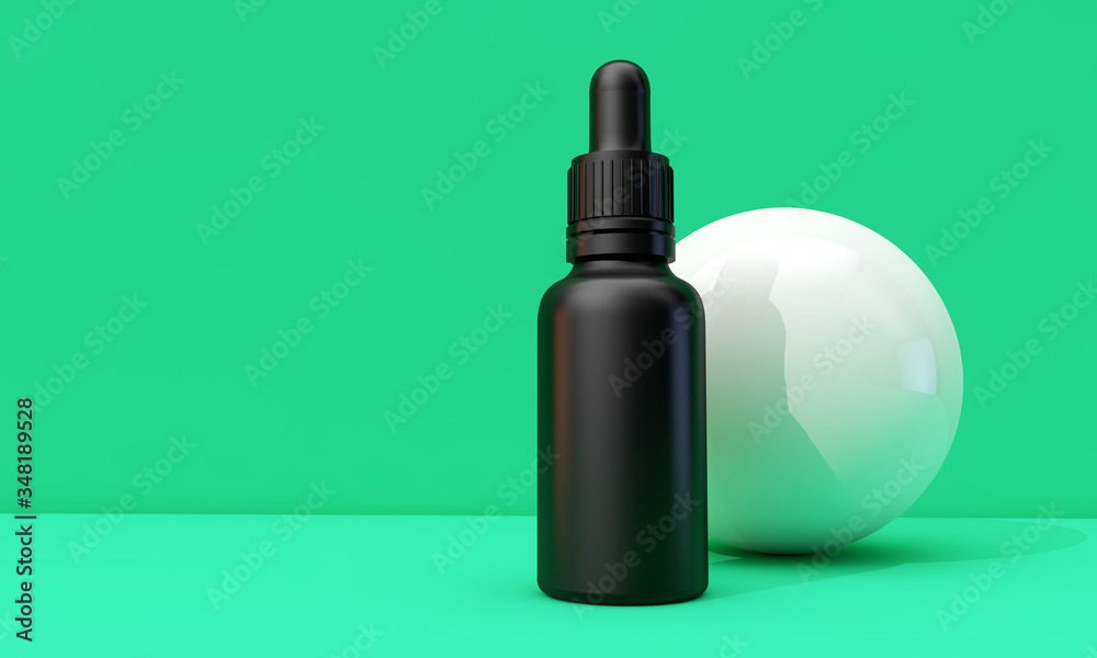 Black oil dropper bottle with blank label on a green background. 3D Render Black oil dropper bottle with blank label on a green background. 3D Render