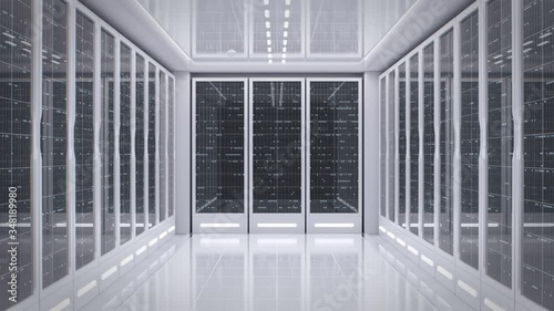 Artificial Intelligence concept. Loopable background shot. White server room in modern data center. Cloud computing data storage. Flashing light indicators. Hi-tech. Backdrops