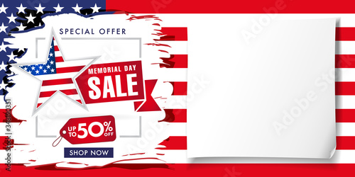 Memorial day USA brush paint poster, special offer sale up to -50% off. Happy Memorial Day background with typography on american flag and white paper. Vector illustration