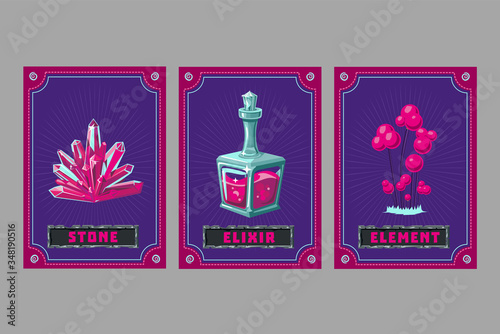 Card game collection. Fantasy ui kit with magic items. User interface design elements with decorative frame. Cartoon vector illustration. Elexire, crystal and plant.