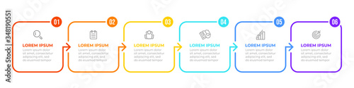 Thin line flat process . Business infographic with 6 options, arrows. Vector linear elements for presentation.