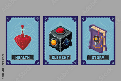 Card game collection. Fantasy ui kit with magic items. User interface design elements with decorative frame. Cartoon vector illustration. Stone, book and bottle.