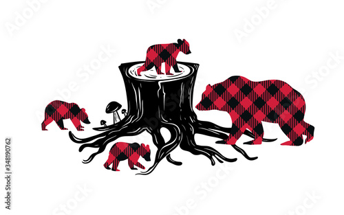 . Large forest stump, Buffalo Plaid she-bear and her curious cubs. Vector illustration of wildlife.