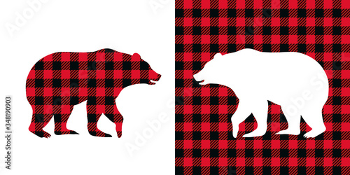 .Bear buffalo plaid  set. Vector illustration woodland  animal . Lumberjack  clipart.