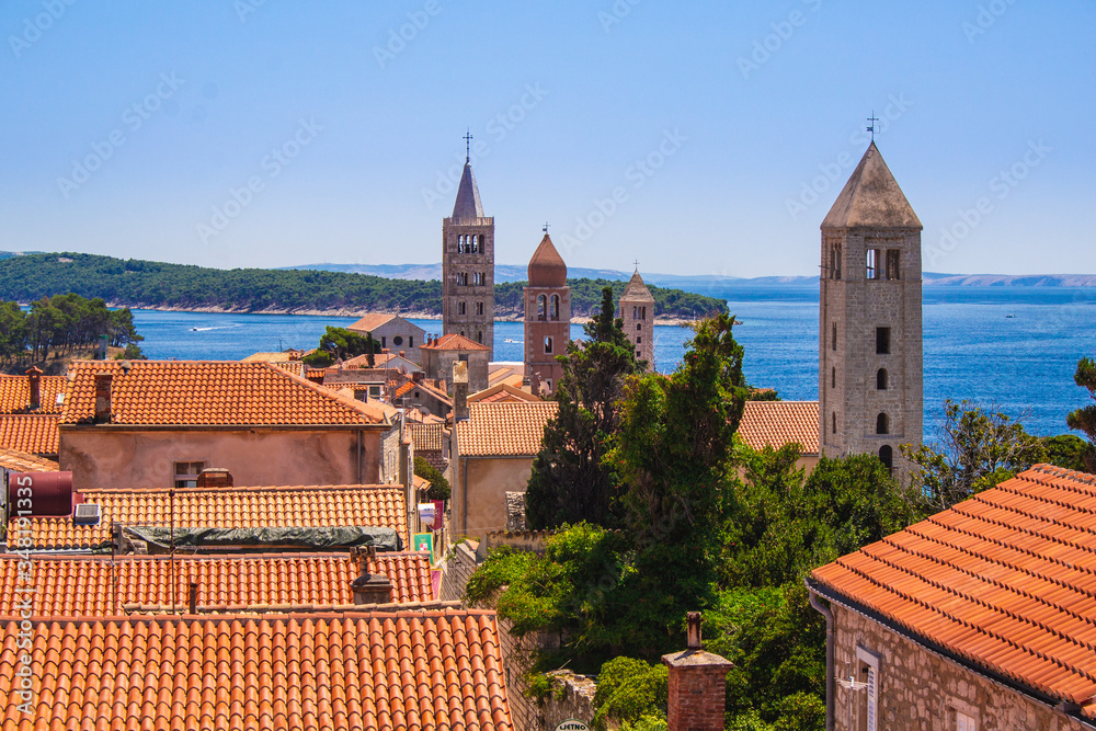 View over Rab town on Rab island on a cloudless summer day, in Croatia