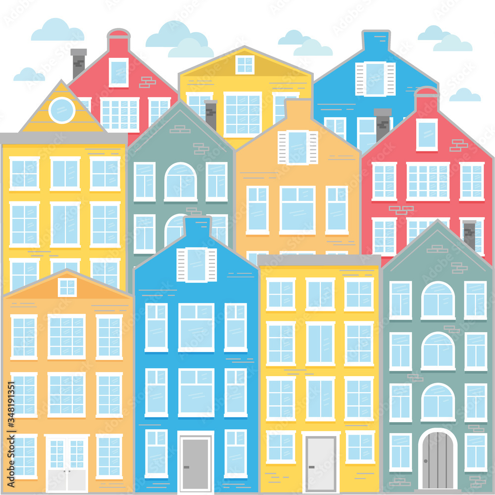 Street with colored houses. Flat Vector illustration. Old houses in the Dutch style. Buildings in the Netherlands.