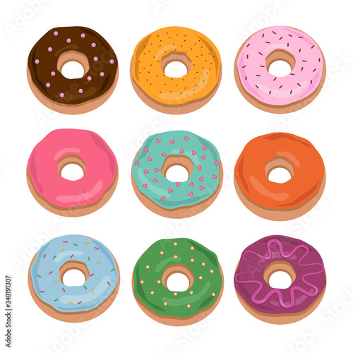Cartoon donuts isolated on white background. Vector Donut into the glaze collection. Sweet doughnut food.