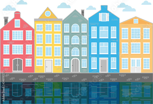 Street with colored houses. Flat Vector illustration. Old houses in the Dutch style. Canal houses in the Netherlands.