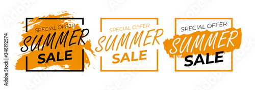 summer sale banner template set with geometrical elements and orange brushes. special offer, summer sale