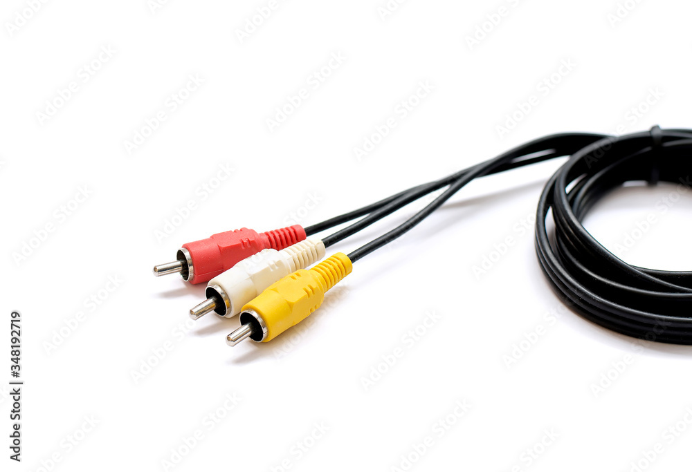 AV cable for connecting video and audio signals on white background AV cable for connecting video and audio signals on white background