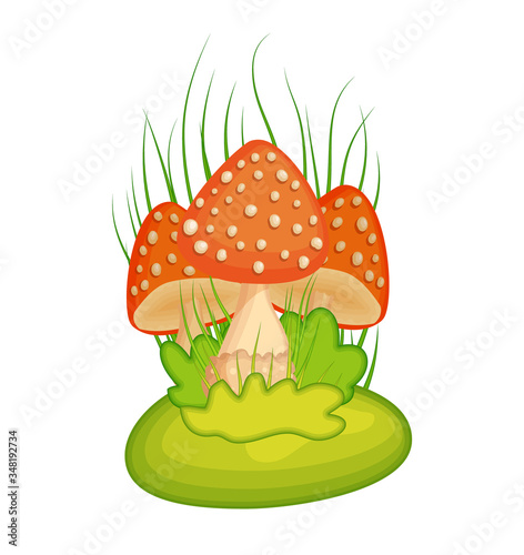 Cartoon amanita mushroom group composition with grass for background design for children book and games. Poison forest fungi vector illustration