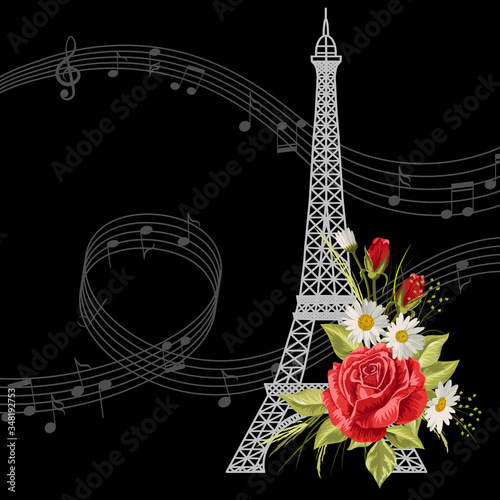 Eiffel Tower with flowers and music notes on black background