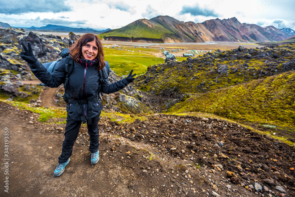 A young woman about to finish the 54 km trek from Landmannalaugar, Iceland