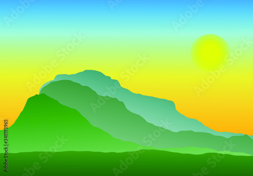 Flat landscape with green Mountain Peaks and light gradient sky at sunrise. Vacation and Outdoor Banner. Recreation and Meditation Texture Concept. Serenity Vector illustration background. © Sergey Pekar