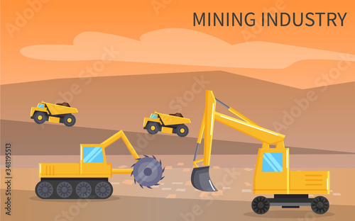 Vehicles that used in mining industry. Lorry and bulldozers riding on quarry territory. Yellow industrial machines for transportation raw or digging quarry. Vector illustration in flat style
