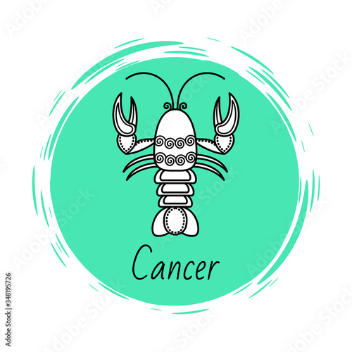 Cancer sign of horoscope with sketch depiction of lobster or crab. Astrological symbol in circle. June and july ruling months of sign. Decorative design of zodiacal element. Vector in flat style