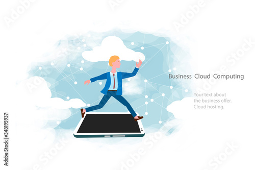 Cloud computing for business, concept. Layout with space for text, a businessman on background of sky. Quickly Syncing data from your smartphone and tablet with cloud storage