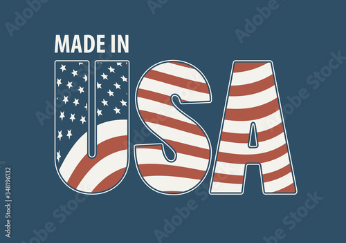 Vector banner with the words Made in USA and the letters USA in the colors of the American flag isolated on a blue background. Suitable for t-shirt design, poster, postcard, flyer, design element
