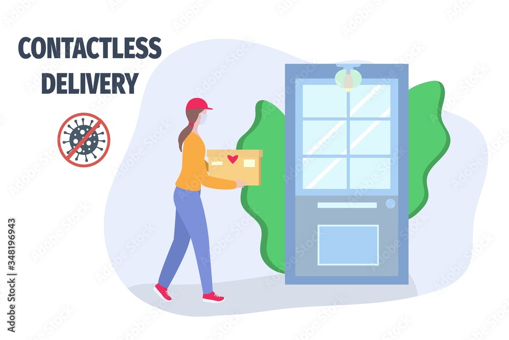 Obraz premium Contactless delivery service to home during coronavirus epidemic and quarantine. Safe shopping online and courier delivery food and goods at the door. Vector illustration in flat stye.