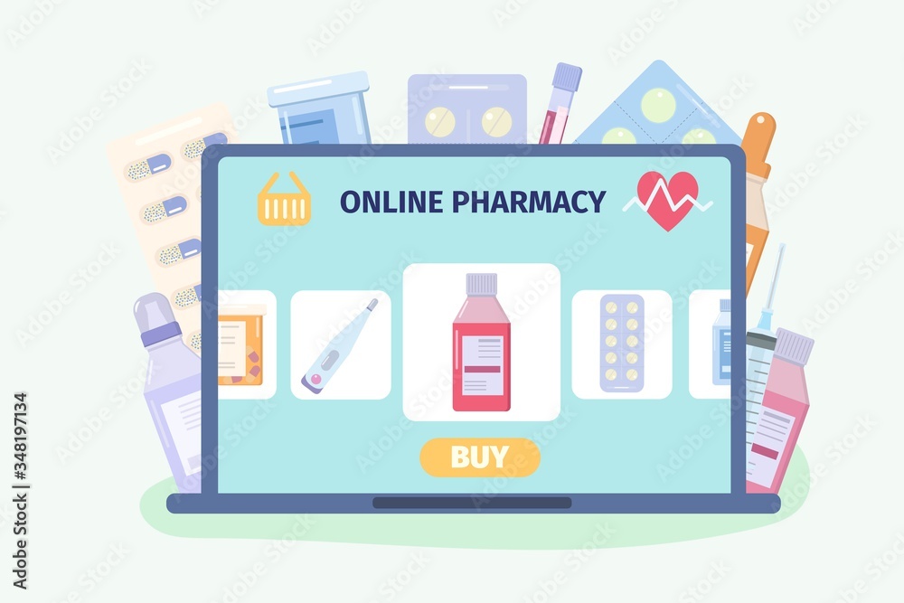 Online pharmacy store. Buy medicine from home via internet. Vector illustration in flat style. Online pharmacy store. Buy medicine from home via internet. Vector illustration in flat style.