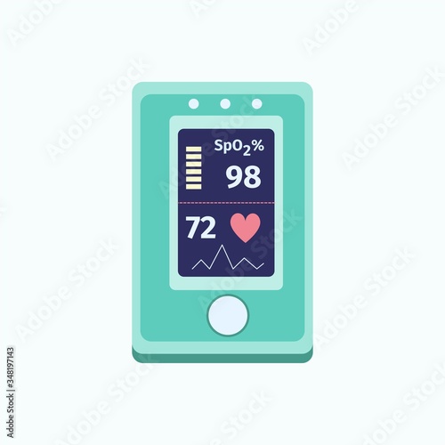 Pulse oximeter icon. Measurement of pulse and oxygen saturation in blood. Pneumonia, lungs infection and coronavirus alertness. Health monitoring. Vector illustration isolated in flat style.