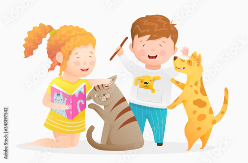 Little kids Boy and girl playing with pets. Children playing with animals dog and cat, stroking, reading a book to kitten, throwing stick to dog. Vector watercolor style hand drawn cartoon for kids.