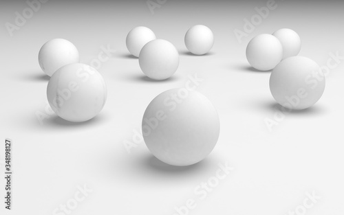 White abstract background. Set of white balls isolated on white backdrop. 3D illustration