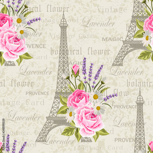 Seamless floral pattern with Eiffel towers on vintage postcard background. Vector illustration