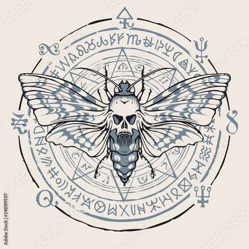 Vector banner with a butterfly Dead head with a skull-shaped pattern on the thorax. Hand-drawn illustration in retro style with a moth on the background of a circle with illegible scribbles