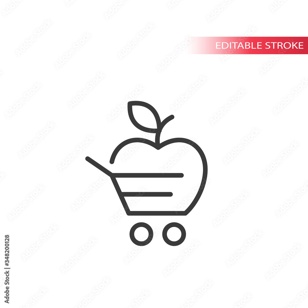 Apple shopping cart vector logo icon. Eco, bio shop for natural food or store brand design. Thin line, editable stroke. Apple shopping cart vector logo icon. Eco, bio shop for natural food or store brand design. Thin line, editable stroke.